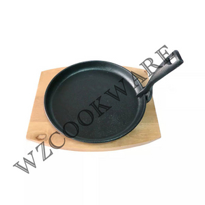 Pre-seasoned Cast Iron Steak Fajita Sizzling Plate Not-Stick BBQ Grill Pan with Wooden Tray