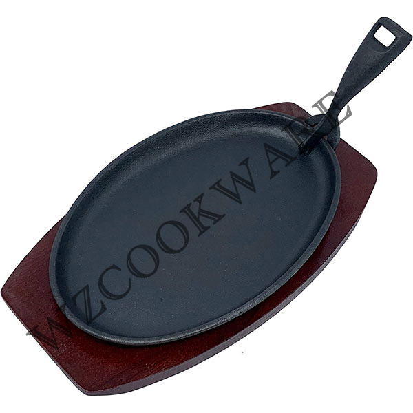 Cast Iron Sizzling Fajita Skillet Japanese Steak Plate With Handle and Wooden Base For Restaurant Home Kitchen Cooking