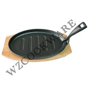 Cast Iron Steak Fajita Sizzling Platter Plate Steak Plate Cooking Wooden Holder